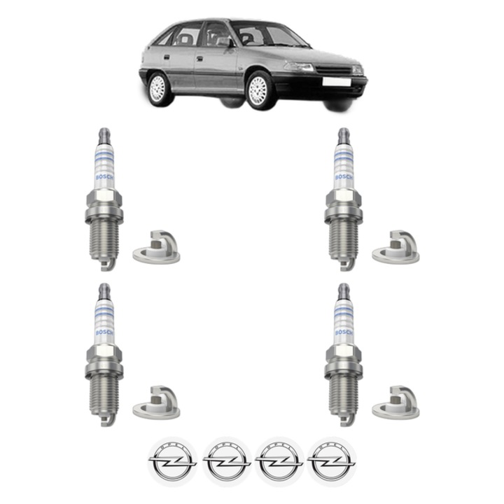Set 4 Bujii Scanteie OPEL ASTRA F Saloon (T92) 1.6 i 16V (F19, M19) 100 CP din 1994 - 1998, bujie motor, Bosch, 4x Stickere auto cu OPEL