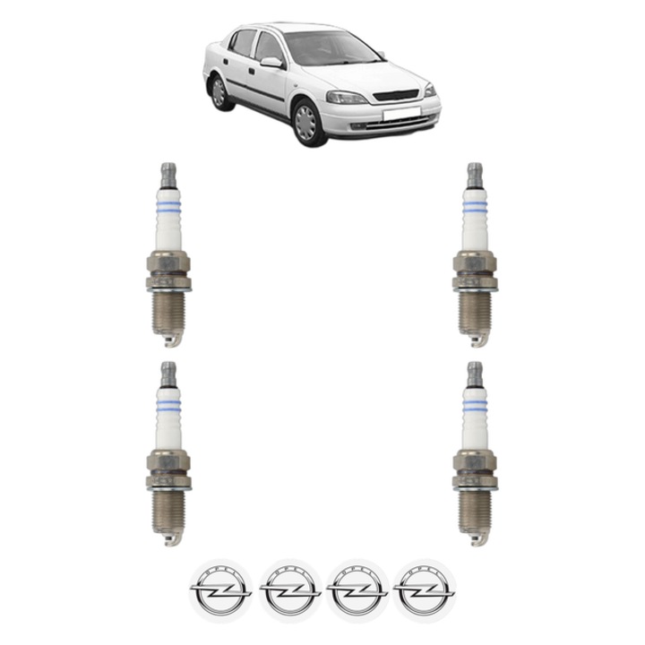 Set 4 Bujii Scanteie OPEL ASTRA G Saloon (T98) 1.2 16V (F69) 75 CP din 2000 - 2005, bujie motor, Bosch, 4x Stickere auto cu OPEL