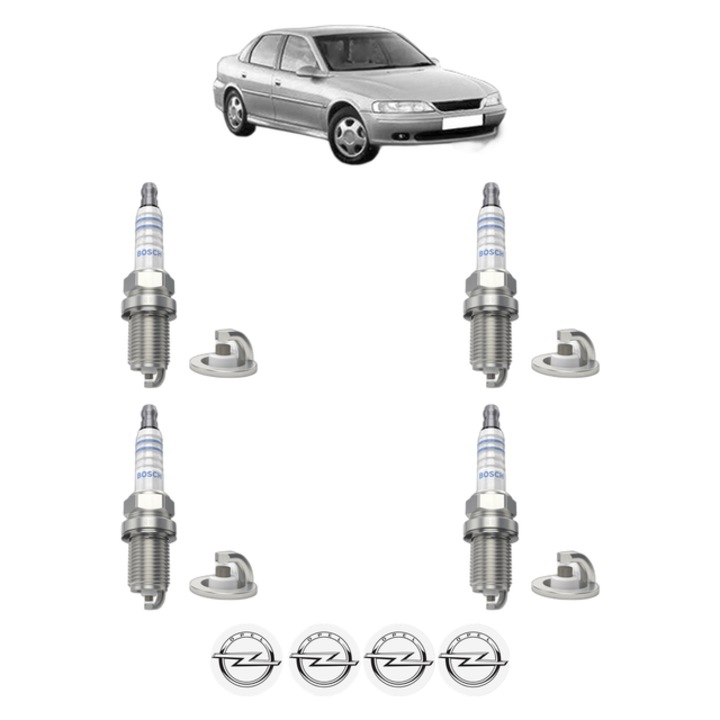 Set 4 Bujii Scanteie OPEL VECTRA B (J96) 1.8 i 16V (F19) 115 CP din 1995 - 2000, bujie motor, Bosch, 4x Stickere auto cu OPEL