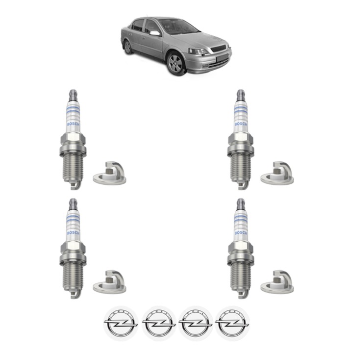 Set 4 Bujii Scanteie OPEL ASTRA G CLASSIC Saloon (T98) 1.6 16V (F69) 101 CP din 2004 - 2008, bujie motor, Bosch, 4x Stickere auto cu OPEL