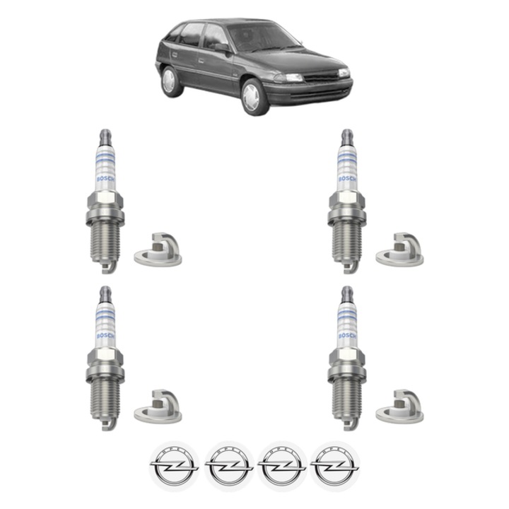 Set 4 Bujii Scanteie OPEL ASTRA F CLASSIC Hatchback (T92) 1.6 i 16V (F08, M08, F68, M68) 101 CP din 1998 - 2002, bujie motor, Bosch, 4x Stickere auto cu OPEL