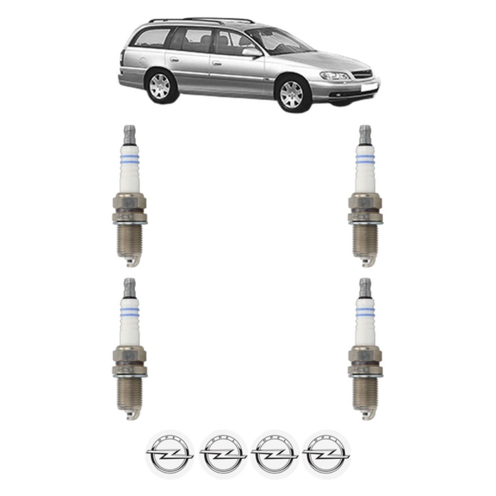 Set 4 Bujii Scanteie OPEL OMEGA B Estate (V94) 2.2 16V (F35, M35, P35) 144 CP din 1999 - 2003, bujie motor, Bosch, 4x Stickere auto cu OPEL