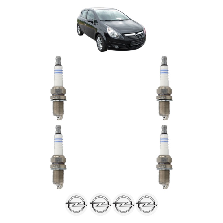 Set 4 Bujii Scanteie OPEL CORSA D (S07) 1.2 LPG (L08, L68) 80 CP din 2006 - 2014, bujie motor, Bosch, 4x Stickere auto cu OPEL