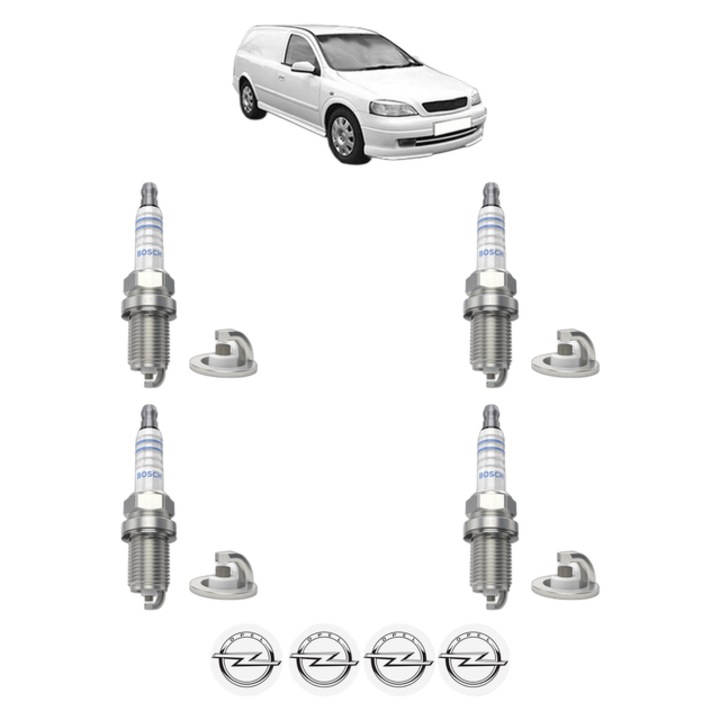 Set 4 Bujii Scanteie OPEL ASTRA G Estate Van (F70) 1.6 (F70) 101 CP din 1998 - 2004, bujie motor, Bosch, 4x Stickere auto cu OPEL