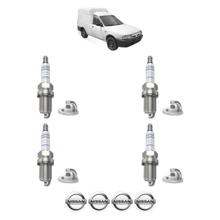 Set 4 Bujii Scanteie NISSAN SUNNY III Estate Van (Y10) 1.6 i 16V 90 CP din 1992 - 2000, bujie motor, Bosch, 4x Stickere auto cu NISSAN