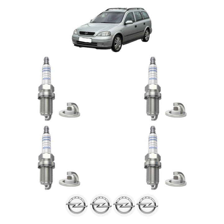 Set 4 Bujii Scanteie OPEL ASTRA G CLASSIC Caravan (F35) 1.6 101 CP din 2004 - 2006, bujie motor, Bosch, 4x Stickere auto cu OPEL