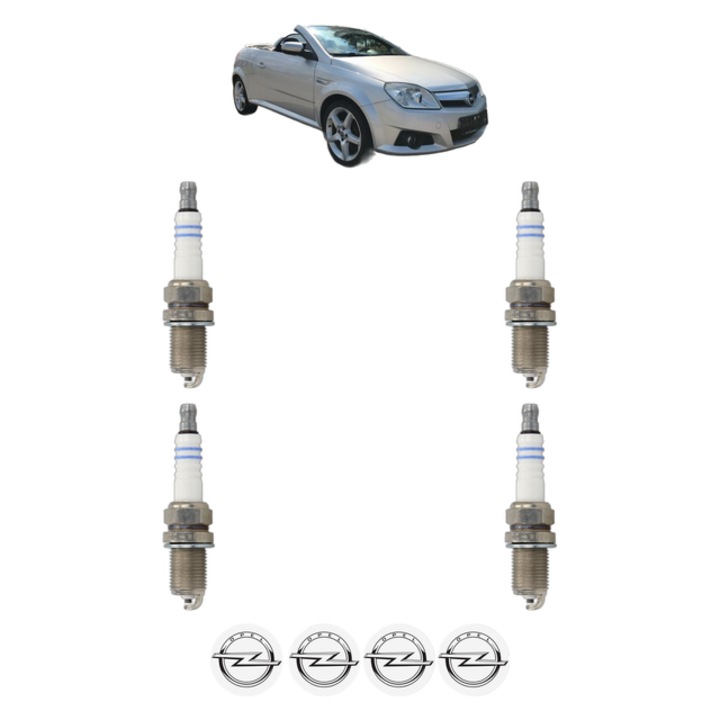 Set 4 Bujii Scanteie OPEL TIGRA TwinTop (X04) 1.4 (R97) 90 CP din 2004 - 2010, bujie motor, Bosch, 4x Stickere auto cu OPEL