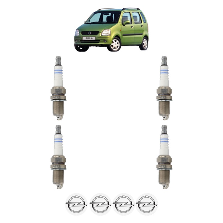 Set 4 Bujii Scanteie OPEL AGILA A (H00) 1.0 12V (F68) 58 CP din 2000 - 2007, bujie motor, Bosch, 4x Stickere auto cu OPEL