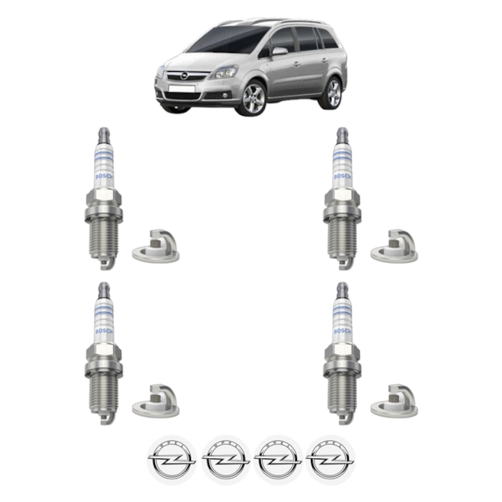 Set 4 Bujii Scanteie OPEL ZAFIRA / ZAFIRA FAMILY B (A05) 1.8 (M75) 140 CP din 2005 - 2015, bujie motor, Bosch, 4x Stickere auto cu OPEL