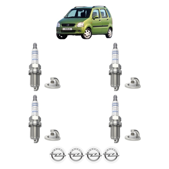 Set 4 Bujii Scanteie OPEL AGILA A (H00) 1.2 16V (F68) 75 CP din 2000 - 2007, bujie motor, Bosch, 4x Stickere auto cu OPEL