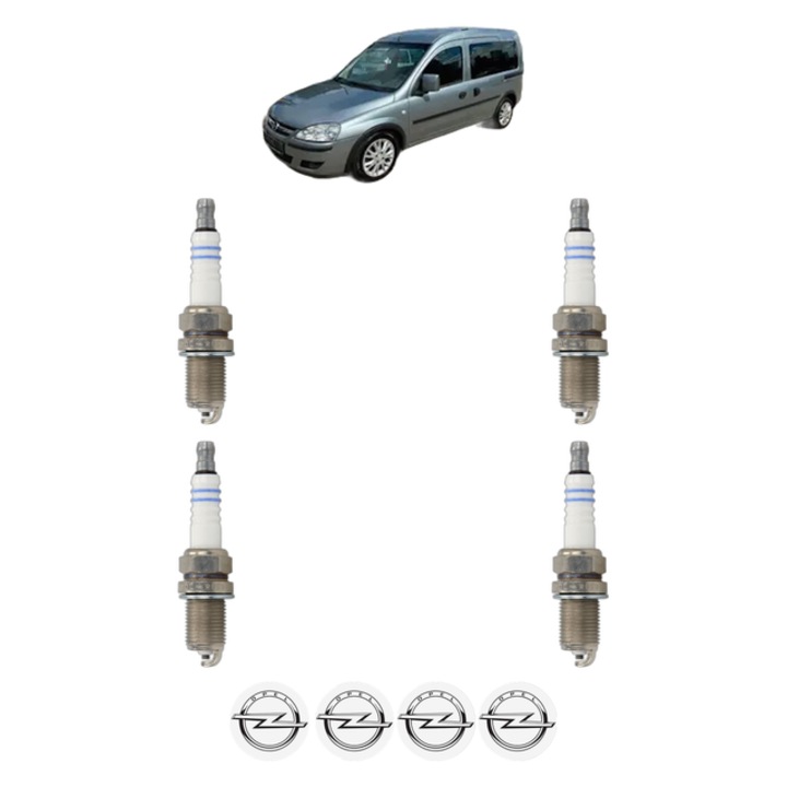 Set 4 Bujii Scanteie OPEL COMBO Tour 1.6 87 CP din 2001 - 2006, bujie motor, Bosch, 4x Stickere auto cu OPEL
