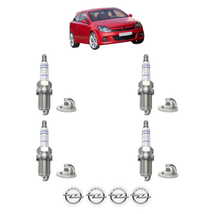 Set 4 Bujii Scanteie OPEL ASTRA H GTC (A04) 1.6 (L08) 105 CP din 2005 - 2010, bujie motor, Bosch, 4x Stickere auto cu OPEL