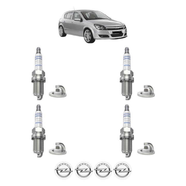 Set 4 Bujii Scanteie OPEL ASTRA H (A04) 2.0 Turbo (L48) 200 CP din 2004 - 2010, bujie motor, Bosch, 4x Stickere auto cu OPEL