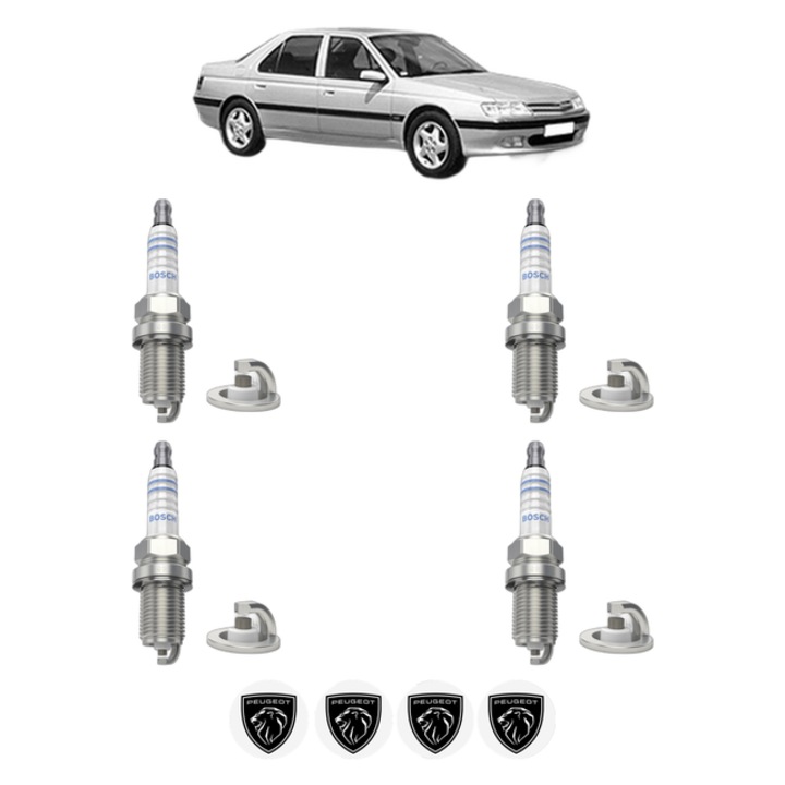 Set 4 Bujii Scanteie PEUGEOT 605 (6B) 2.0 121 CP din 1989 - 1999, bujie motor, Bosch, 4x Stickere auto cu PEUGEOT