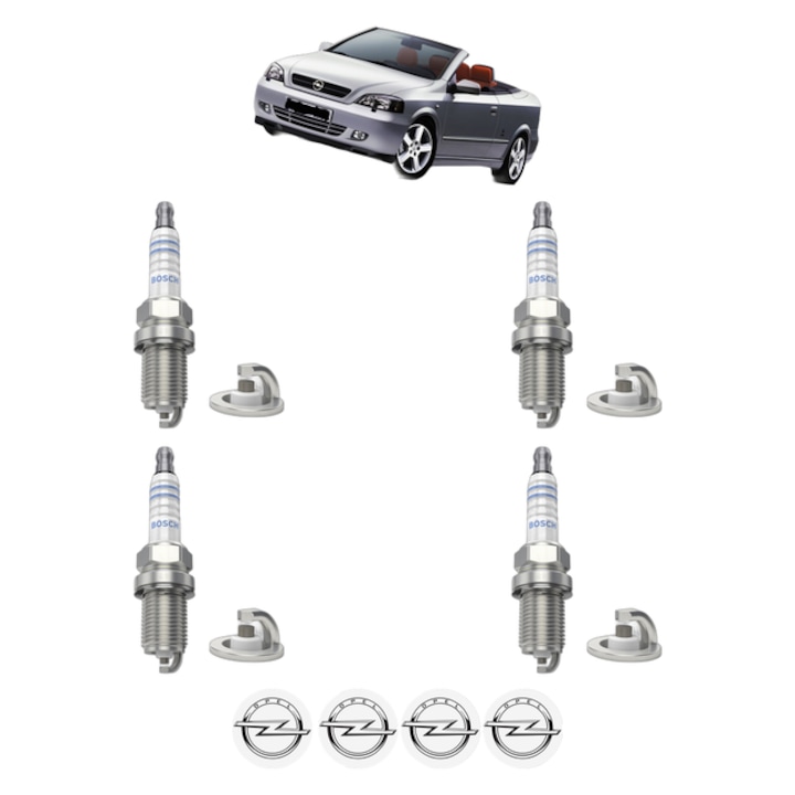 Set 4 Bujii Scanteie OPEL ASTRA G Convertible (T98) 1.6 16V (F67) 101 CP din 2001 - 2005, bujie motor, Bosch, 4x Stickere auto cu OPEL