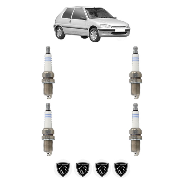 Set 4 Bujii Scanteie PEUGEOT 106 II (1A_, 1C_) 1.6 S16 120 CP din 1998 - 2001, bujie motor, Bosch, 4x Stickere auto cu PEUGEOT