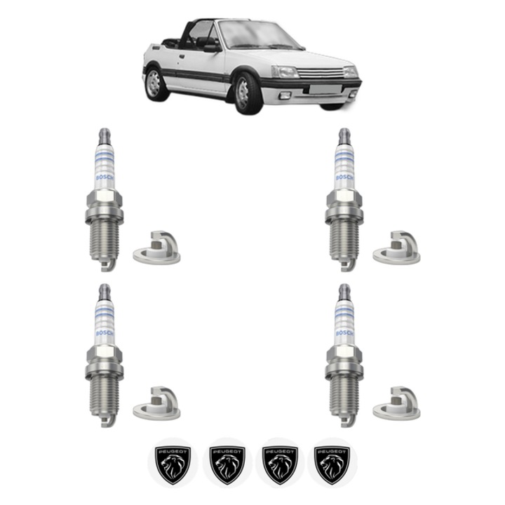 Set 4 Bujii Scanteie PEUGEOT 205 I Convertible (741B, 20D) 1.6 CTI 103 CP din 1986 - 1990, bujie motor, Bosch, 4x Stickere auto cu PEUGEOT