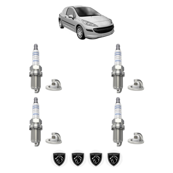 Set 4 Bujii Scanteie PEUGEOT 207 Hatchback Van (WA_, WC_) 1.4 74 CP din 2007 - 2008, bujie motor, Bosch, 4x Stickere auto cu PEUGEOT