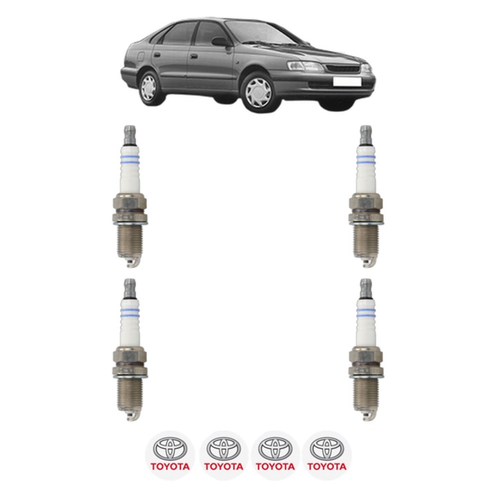 Set 4 Bujii Scanteie TOYOTA CARINA E VI (_T19_) 1.6 16V (AT190_, AT190R) 106 CP din 1995 - 1997, bujie motor, Bosch, 4x Stickere auto cu TOYOTA