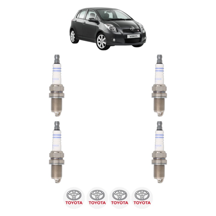 Set 4 Bujii Scanteie TOYOTA YARIS (_P9_) 1.3 VVT-i (SCP90_, SCP90R) 87 CP din 2005 - 2010, bujie motor, Bosch, 4x Stickere auto cu TOYOTA