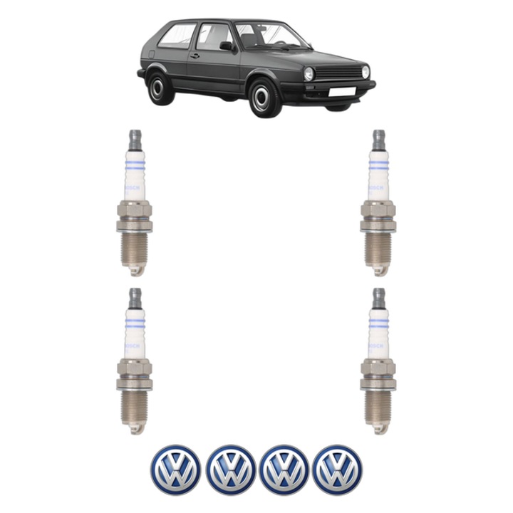 Set 4 Bujii Scanteie Volkswagen GOLF II (19E, 1G1) 1.8 GTI 16V 139 CP din 1986 - 1990, bujie motor, Bosch, 4x Stickere auto cu Volkswagen