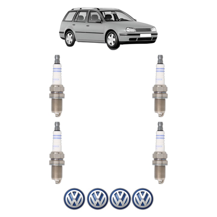 Set 4 Bujii Scanteie Volkswagen GOLF IV Variant (1J5) 1.6 16V 105 CP din 2000 - 2006, bujie motor, Bosch, 4x Stickere auto cu Volkswagen
