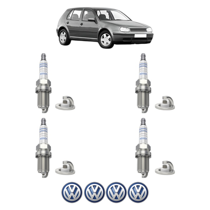Set 4 Bujii Scanteie Volkswagen GOLF IV (1J1) 2.3 V5 4motion 150 CP din 1998 - 2000, bujie motor, Bosch, 4x Stickere auto cu Volkswagen