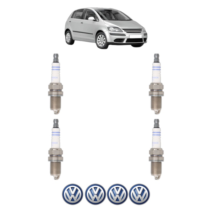 Set 4 Bujii Scanteie Volkswagen GOLF PLUS V (5M1, 521) 1.6 BiFuel 102 CP din 2009 - 2013, bujie motor, Bosch, 4x Stickere auto cu Volkswagen