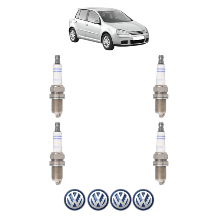 Set 4 Bujii Scanteie Volkswagen GOLF V (1K1) 1.4 16V 75 CP din 2003 - 2006, bujie motor, Bosch, 4x Stickere auto cu Volkswagen