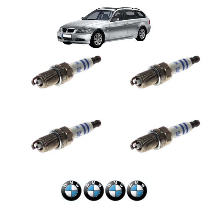 Set 4 Bujii Scanteie BMW Seria 3 Touring (E91) 320 i 156 CP din 2005 - 2012, bujie motor, Bosch, 4x Stickere auto cu BMW