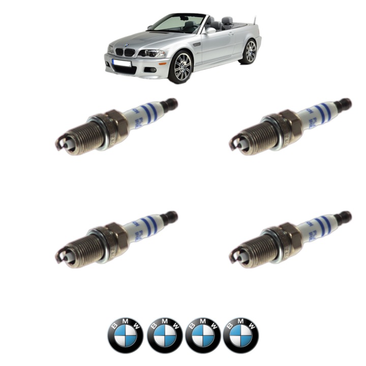 Set 4 Bujii Scanteie BMW Seria 3 Convertible (E46) 318 Ci 150 CP din 2004 - 2006, bujie motor, Bosch, 4x Stickere auto cu BMW