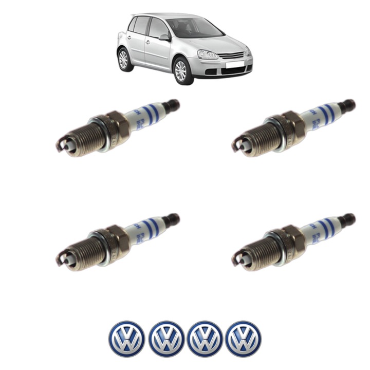 Set 4 Bujii Scanteie Volkswagen GOLF V (1K1) 2.0 FSI 150 CP din 2004 - 2008, bujie motor, Bosch, 4x Stickere auto cu Volkswagen