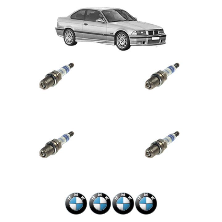 Set 4 Bujii Scanteie BMW Seria 3 Coupe (E36) 320 i 150 CP din 1991 - 1998, bujie motor, Bosch, 4x Stickere auto cu BMW