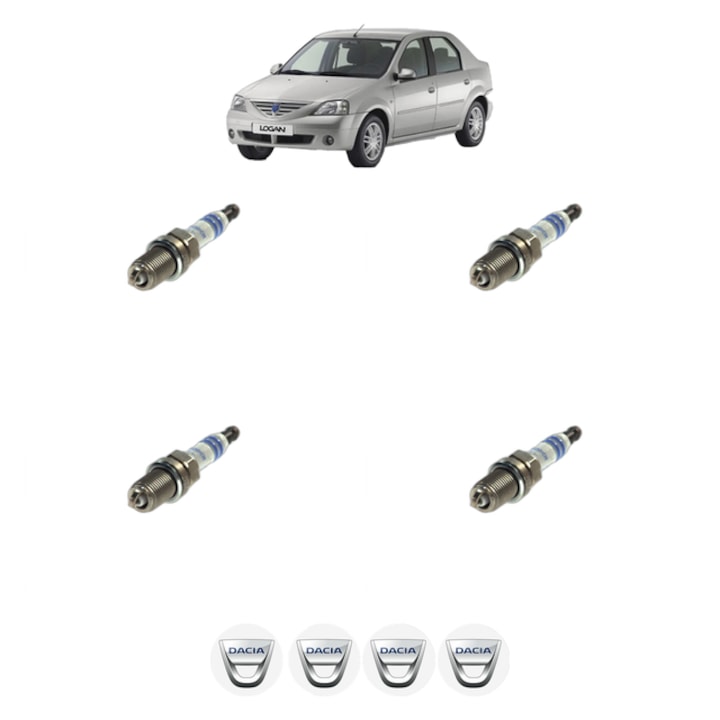 Set 4 Bujii Scanteie DACIA LOGAN (LS_) 1.4 (LS0A, LS0C, LS0E, LS0G) 75 CP din 2004, bujie motor, Bosch, 4x Stickere auto cu DACIA