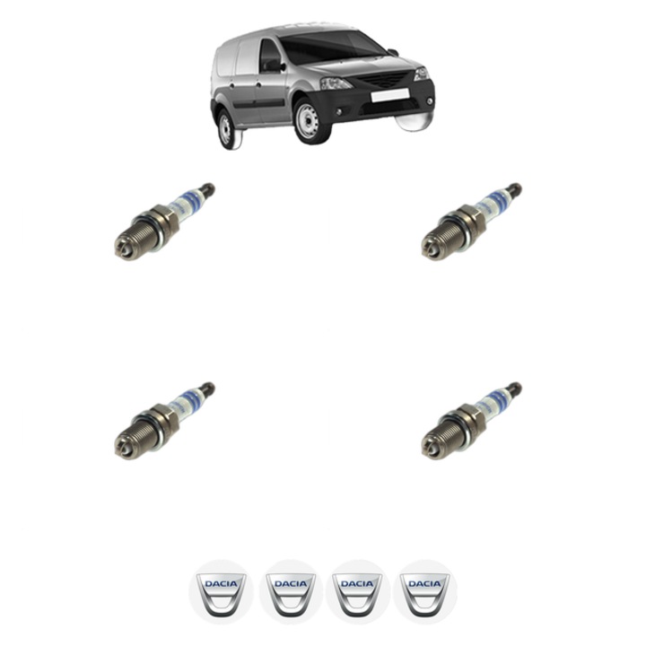 Set 4 Bujii Scanteie DACIA LOGAN EXPRESS (FS_) 1.6 MPI 85 84 CP din 2010, bujie motor, Bosch, 4x Stickere auto cu DACIA