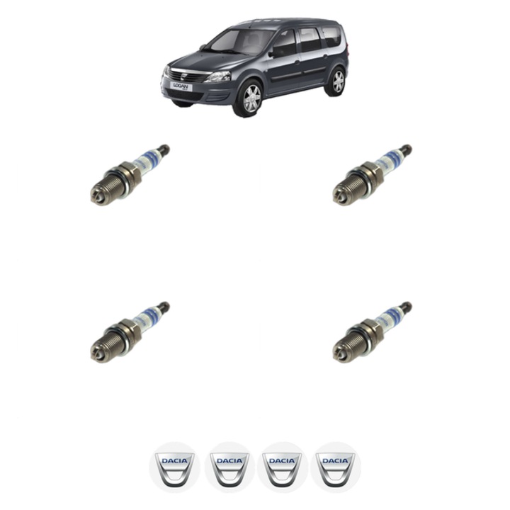 Set 4 Bujii Scanteie DACIA LOGAN MCV (KS_) 1.6 MPI 85 84 CP din 2010, bujie motor, Bosch, 4x Stickere auto cu DACIA