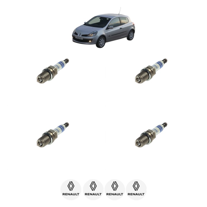 Set 4 Bujii Scanteie RENAULT CLIO III (BR0/1, CR0/1) 1.6 16V (BR05, BR0B, BR0Y, BR15, BR1J, BR1M, BR1Y, CR0B,... 112 CP din 2005 - 2014, bujie motor, Bosch, 4x Stickere auto cu RENAULT