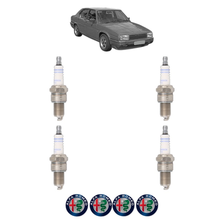 Set 4 Bujii Scanteie ALFA ROMEO 90 (162_) 2.5 i.e. V6 (162.A, 162.AA) 150 CP din 1984 - 1987, bujie motor, Bosch, 4x Stickere auto cu ALFA ROMEO