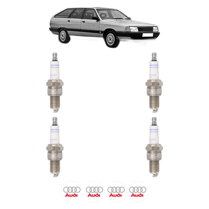 Set 4 Bujii Scanteie AUDI 100 C3 Avant (445, 446) 1.8 quattro 90 CP din 1984 - 1988, bujie motor, Bosch, 4x Stickere auto cu AUDI