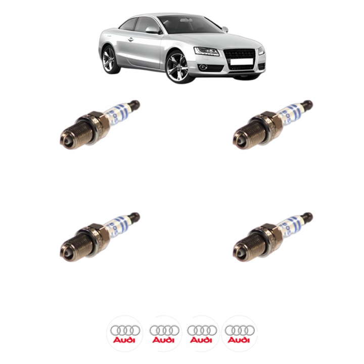 Set 4 Bujii Scanteie AUDI A5 (8T3) RS5 quattro 450 CP din 2010 - 2017, bujie motor, Bosch, 4x Stickere auto cu AUDI