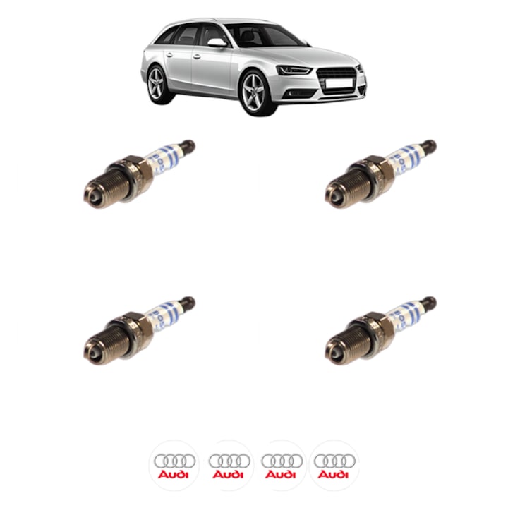 Set 4 Bujii Scanteie AUDI A4 B8 Avant (8K5) 1.8 TFSI 120 CP din 2008 - 2015, bujie motor, Bosch, 4x Stickere auto cu AUDI