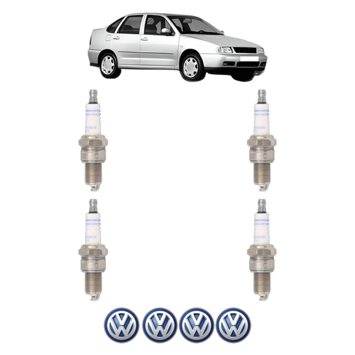 Set 4 Bujii Scanteie Volkswagen POLO III CLASSIC (6V2) 1.4 84 CP din 1996 - 2002, bujie motor, Bosch, 4x Stickere auto cu Volkswagen