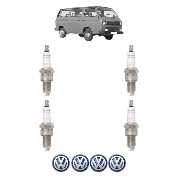 Set 4 Bujii Scanteie Volkswagen TRANSPORTER T3 Bus (25_) 1.9 Syncro 78 CP din 1985 - 1992, bujie motor, Bosch, 4x Stickere auto cu Volkswagen