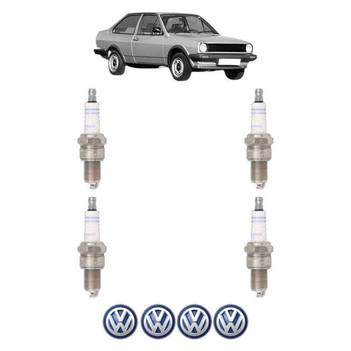 Set 4 Bujii Scanteie Volkswagen POLO Coupe (86C, 80) 1.0 Cat 45 CP din 1989 - 1994, bujie motor, Bosch, 4x Stickere auto cu Volkswagen