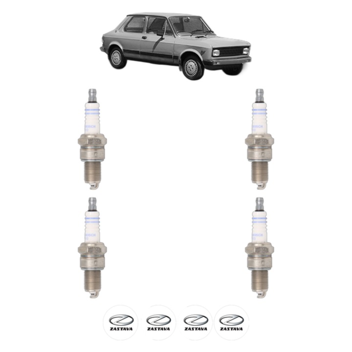 Set 4 Bujii Scanteie ZASTAVA YUGO 0.9 45 CP din 1980 - 1992, bujie motor, Bosch, 4x Stickere auto cu ZASTAVA