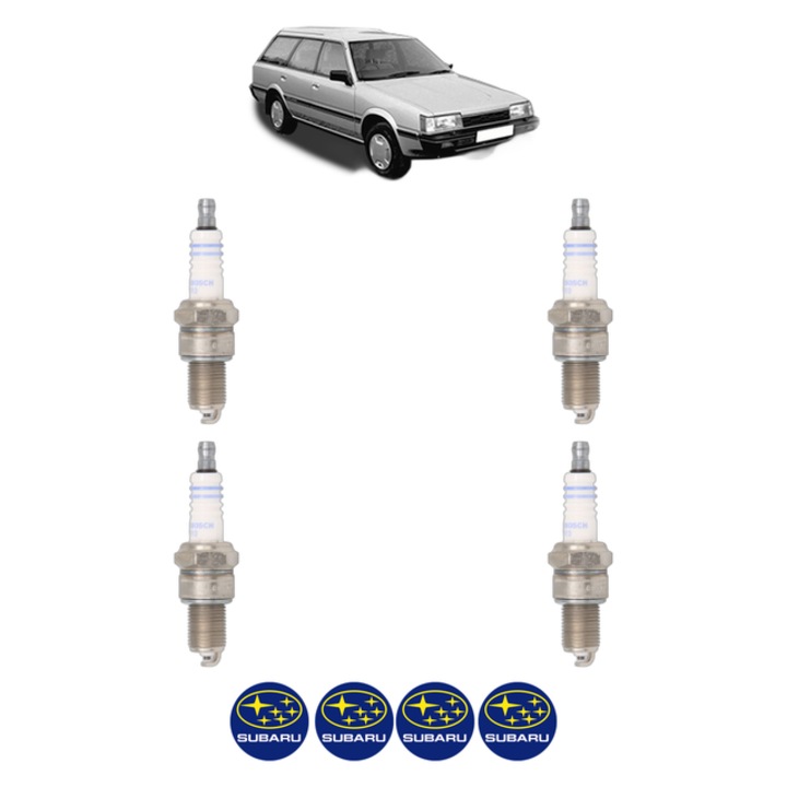 Set 4 Bujii Scanteie SUBARU LEONE III Estate 1600 4WD 73 CP din 1987 - 1989, bujie motor, Bosch, 4x Stickere auto cu SUBARU