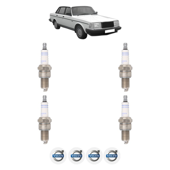 Set 4 Bujii Scanteie VOLVO 240 (P242, P244) 2.0 103 CP din 1984 - 1985, bujie motor, Bosch, 4x Stickere auto cu VOLVO