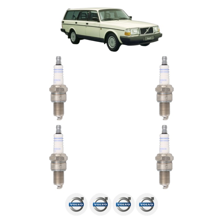 Set 4 Bujii Scanteie VOLVO 240 Kombi (P245) 2.1 100 CP din 1975 - 1980, bujie motor, Bosch, 4x Stickere auto cu VOLVO