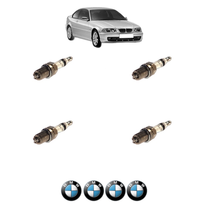 Set 4 Bujii Scanteie BMW Seria 3 (E46) 320 i 170 CP din 2000 - 2005, bujie motor, Bosch, 4x Stickere auto cu BMW