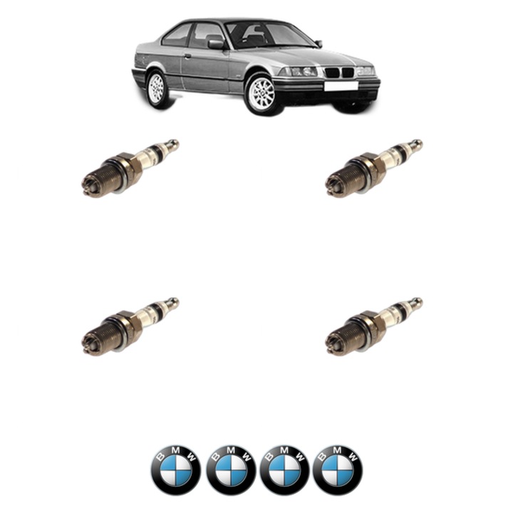 Set 4 Bujii Scanteie BMW Seria 3 (E36) 320 i 150 CP din 1991 - 1998, bujie motor, Bosch, 4x Stickere auto cu BMW